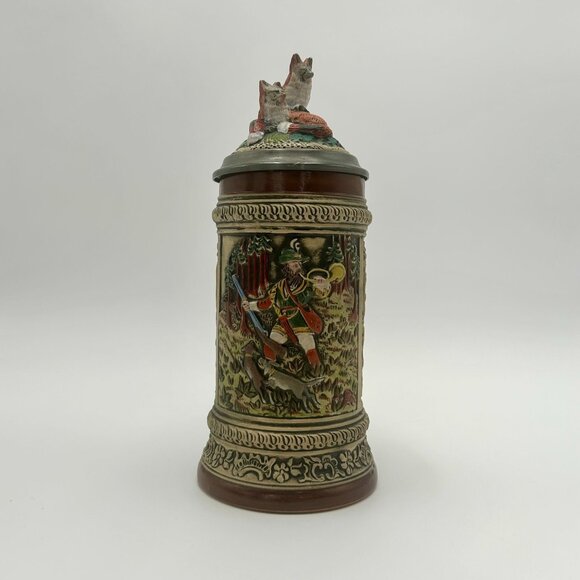 Vintage Genuine Gerz German Beer Stein With Fox Lid & Intricate Hunt Scene - Picture 4 of 10